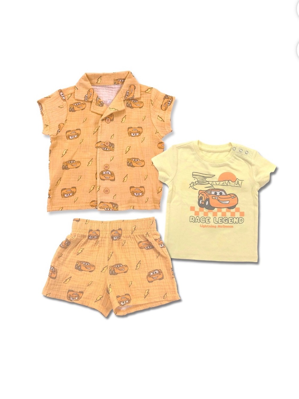 Toddler Orange Car Print Shirt & Shorts Set with Yellow Tee